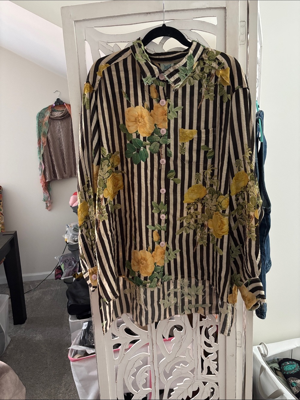 Striped Black & White Floral Button-Up Dress Shirt